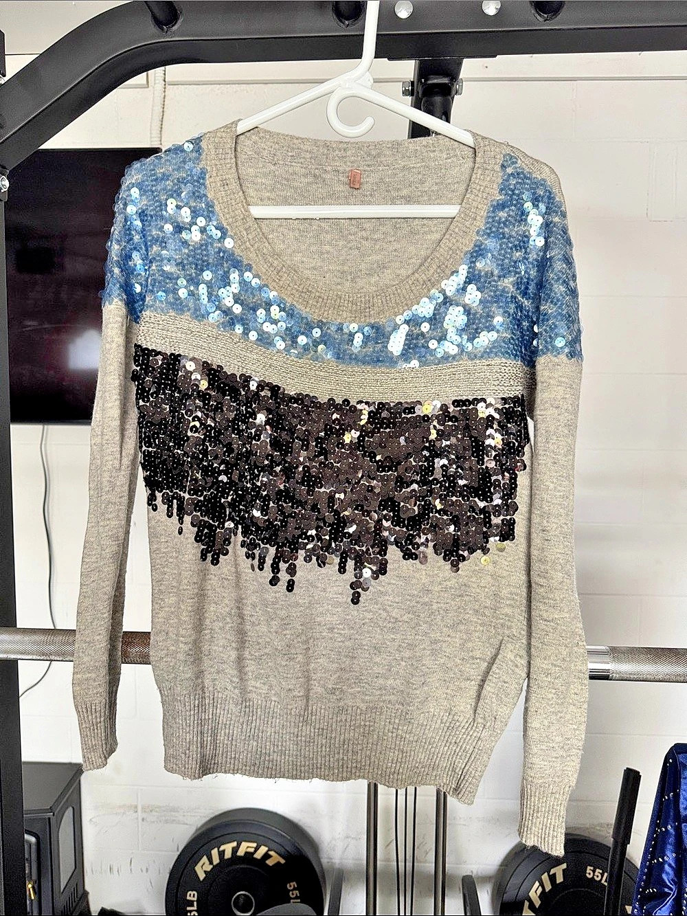 Sweewë Paris Sequin Color Block Sweater Gray & Blue Size M/L